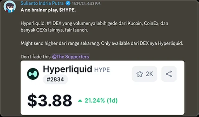 Call HYPE di Discord: Hyperliquid di harga $3.88