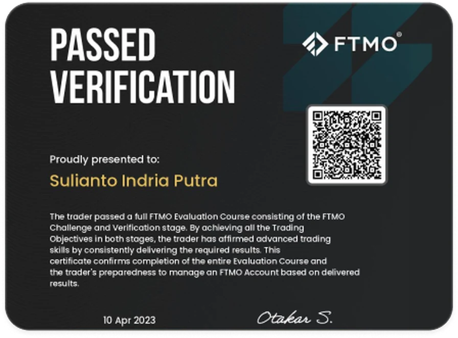 Sertifikat FTMO Passed Verification atas nama Sulianto Indria Putra