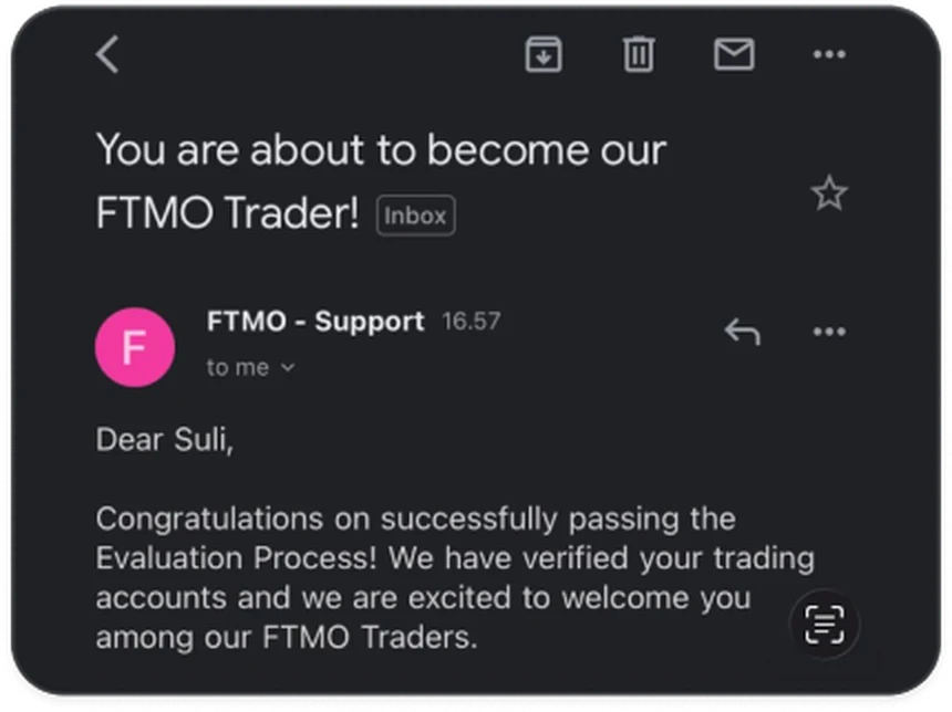 Email dari FTMO Support: You are about to become our FTMO Trader