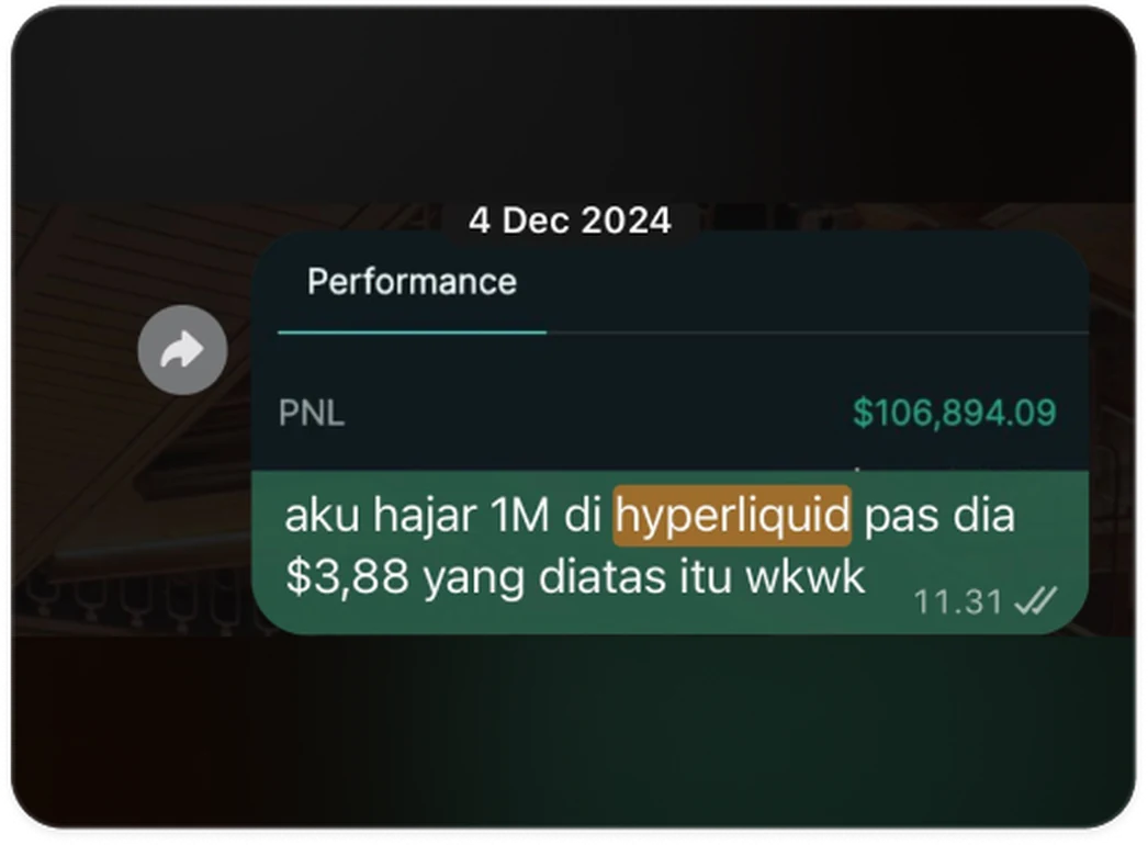 Pesan chat: PNL $106.894, aku hajar 1M di Hyperliquid pas dia $3,88
